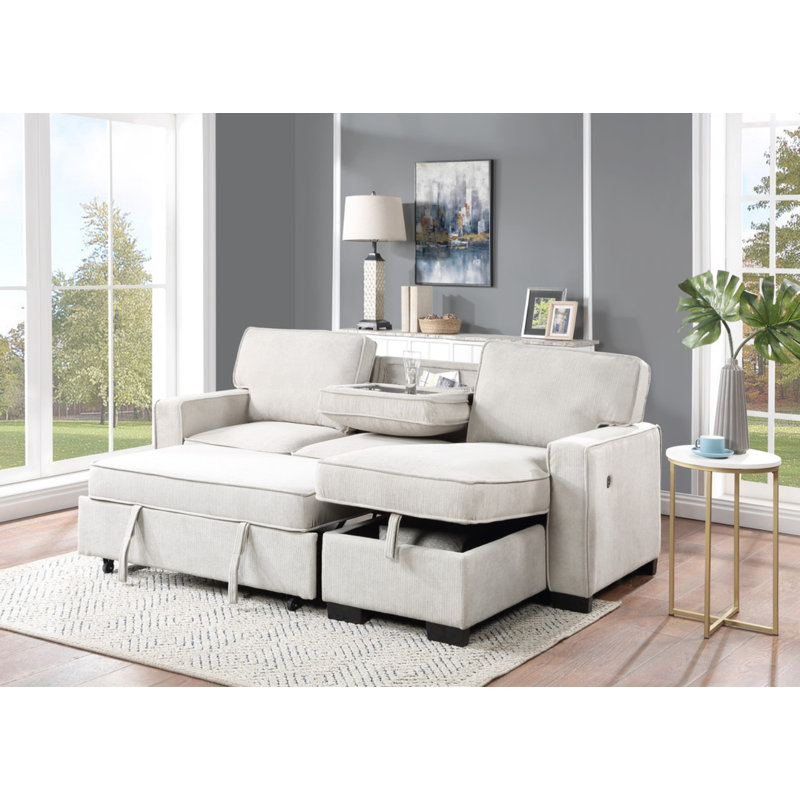 Estelle 86.5"W Beige Fabric Reversible Sleeper Sectional With Storage Chaise Drop-Down Table 2 Cup Holders And 2USB Ports