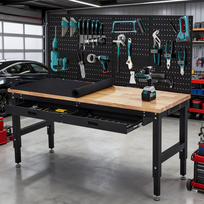60 Inches Workbench, Rubber Wood Tabletop Work Table with 2 Drawers & Pegboard, 3000 LBS Heavy Duty Adjustable Height Work Bench with Power Outlets for Workshop, Office, Garage