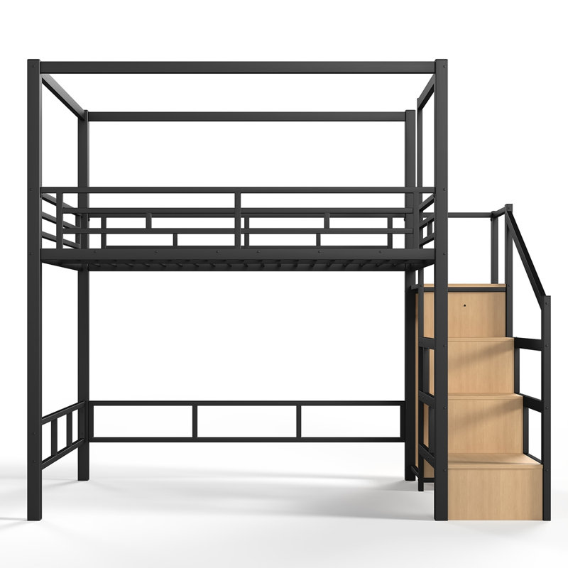 Lit mezzanine double avec escalier de rangement et garde-robe, lit mezzanine en métal avec structure à baldaquin et éclairage à DEL, conception spacieuse sous le lit, noir