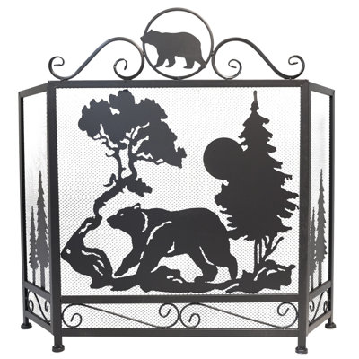 Metal Bear and Trees 3-Panel Fireplace Screen