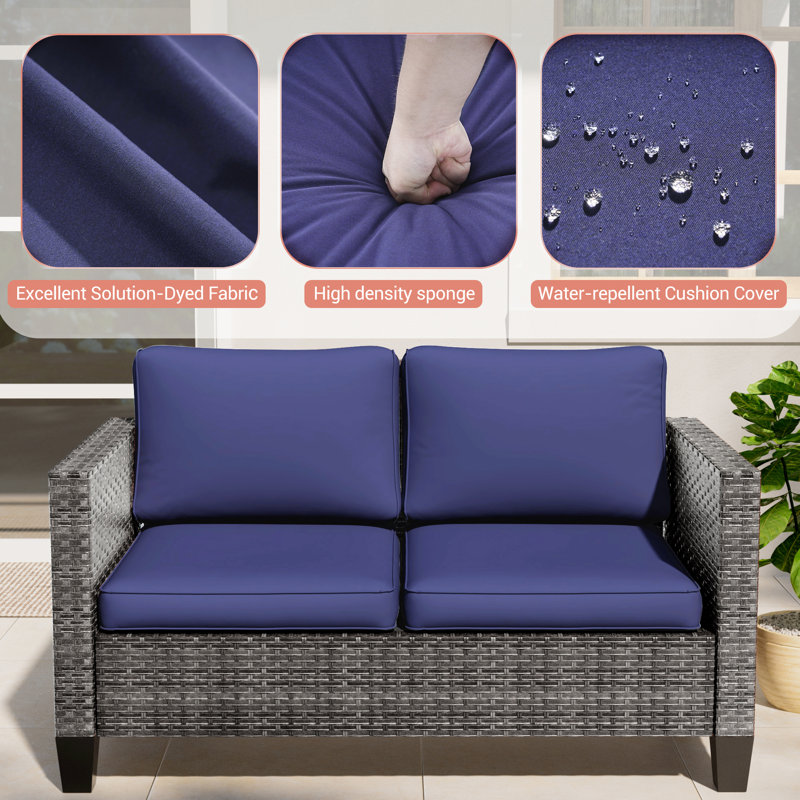 7 Pcs Patio Rattan Patio Set, Outdoor Wicker Chair with Side Table and Ottoman, Soft Zippered Cushions, Gray, Navy Blue