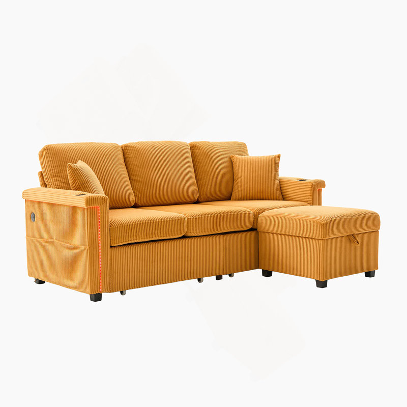 L-Shaped Sectional Sofa With Pull-Out Storage, Ottoman, Pillows, USB Charging, Cup Holder And Convertible Design For Living Room And Apartment