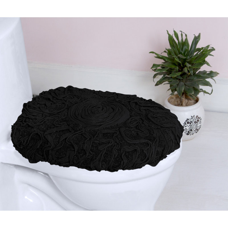 100% Cotton Plush Floral Toilet Seat Lid Cover with Elastic Fit, Soft Decorative Bathroom Accent, 18" x 18", Black