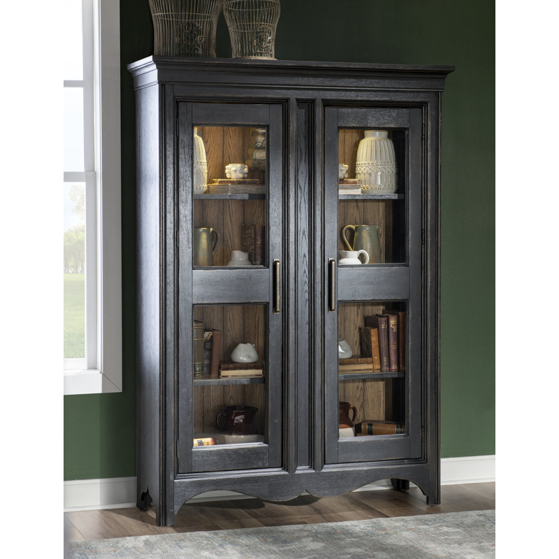 Country Living Vintage Market Glass Front Display Cabinet with LED Light and Wood Shelves