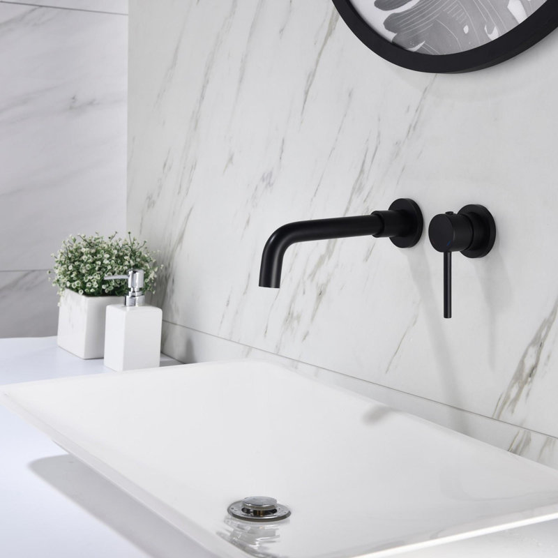 Wall Mount Bathroom Vanity Sink Faucet with Pop-Up Drainer, Matte Black