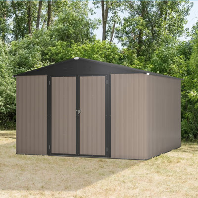 Remise de rangement extérieure de 10 pi x 10 pi, rangement pour outils en métal avec portes verrouillables et structure à cadre, grande remise de jardin en métal pour la cour arrière, pelouse de patio