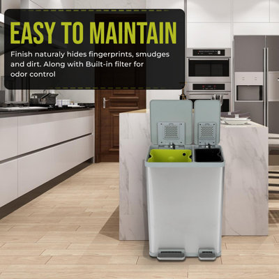 Simpli-Magic 16 Gallon Dual Compartment Step Trash Can with Recycling Bin, Slow-Close Lid, Odor Control, Brushed Stainless Steel