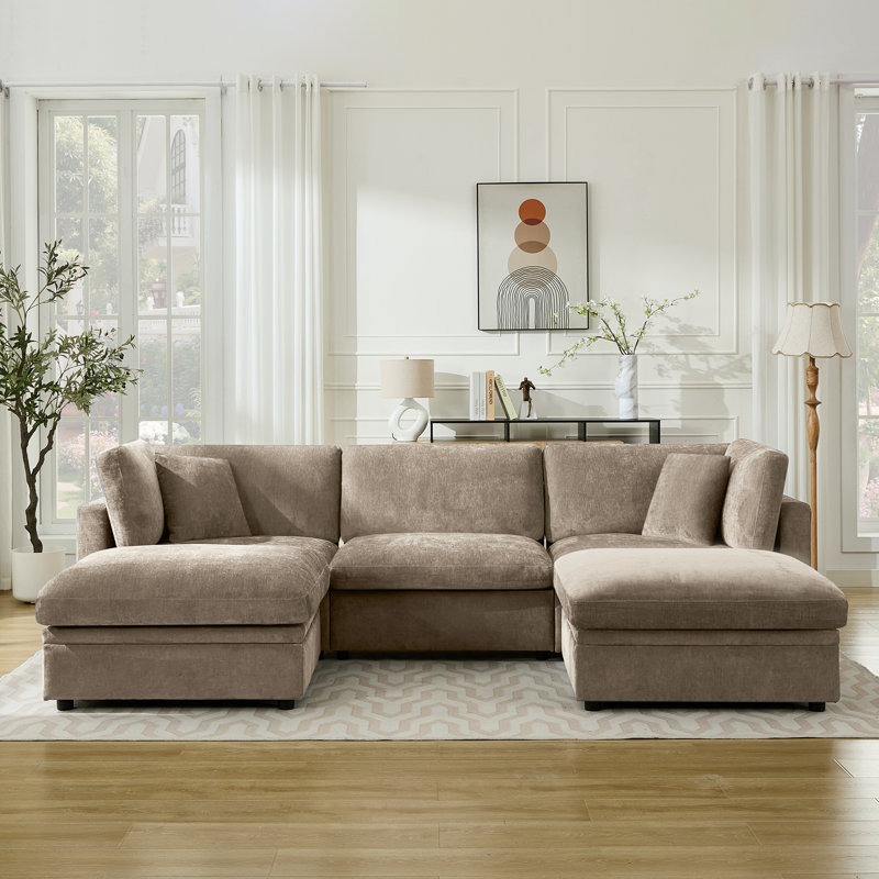 Oversized Down-Filled Modular Sofa With Ottomans, 34.6" H x 118.5" W x 66.9" D, Khaki