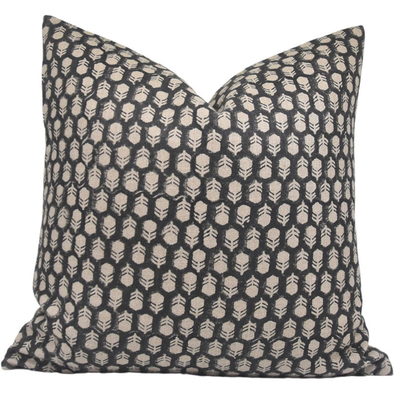 Block Print Throw Pillow Cover DTBLKTLSquare, 22" x 22", Black/White Floral 2, Square