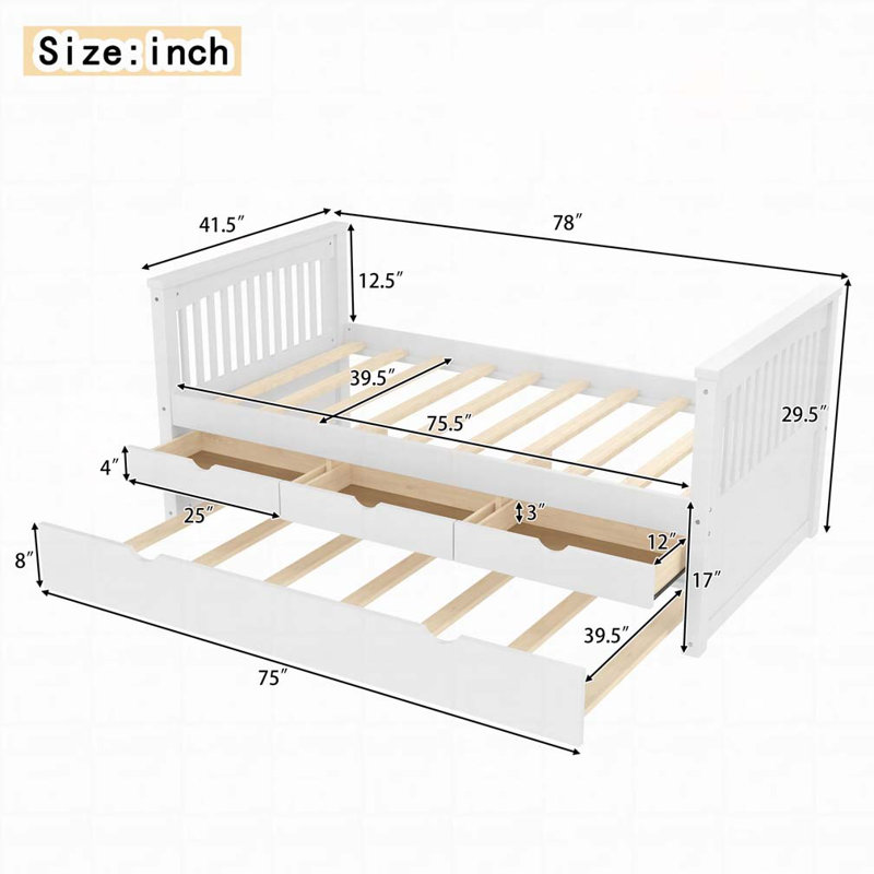 Bed with Drawers and Trundle, Solid Wood Daybed, No Spring Box Needed, White