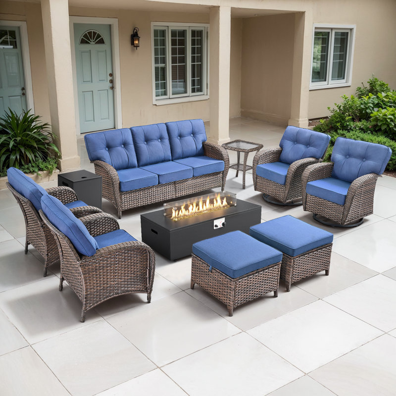 9-Piece Outdoor Garden Family Party Conversation Set With Fire Pit Table And Swivel Chairs, Blue