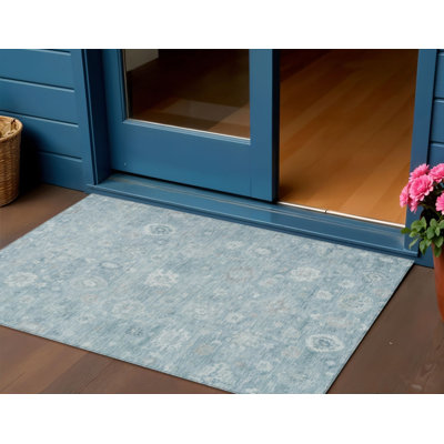Tapis damassé bleu ivoire et gris 90 x 150 cm, lavable, pour intérieur et extérieur