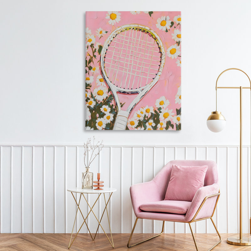 Toile rose avec raquette et marguerites de tennis, design par LSR Design Studio, H 30 po x l 24 po