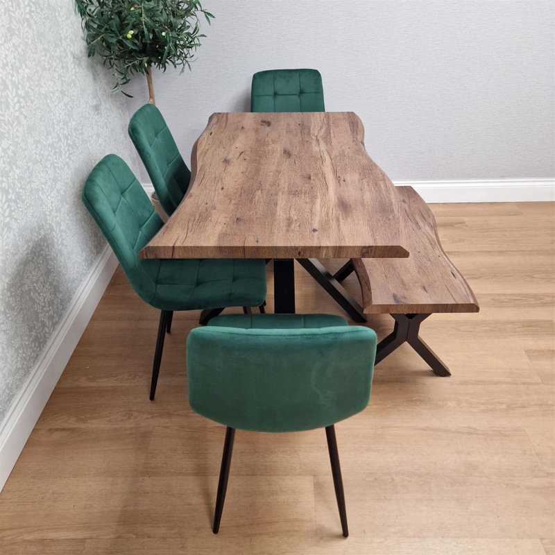 Rustic Brown Wooden Dining set with Table and Velvet Chairs, 75cm H x 80cm W x 140cm D, Green, 6