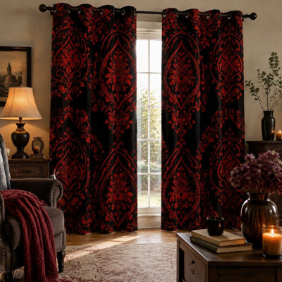 2Pcs Vintage Damask Sun Blocking Curtains, Baroque Style, Classic Floral Pattern Print Room Darkening Grommet for Bedroom Living Decoration for Home Dector
