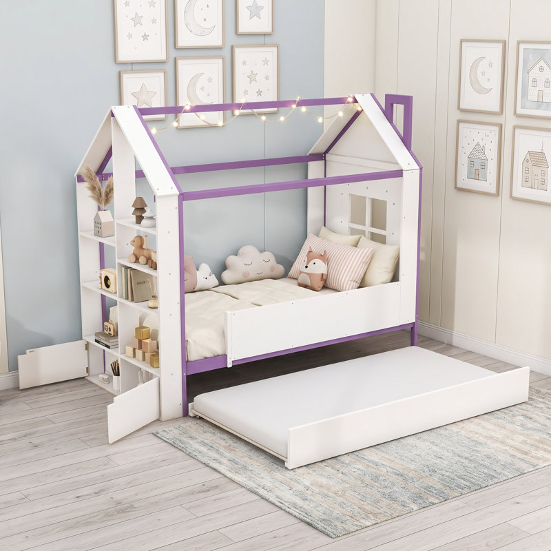 Lit en bois avec bande lumineuse, lit gigogne et lattes, Lit simple, Mauve blanc
