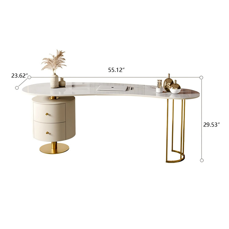 55.12"Beige Crescent Sintered Stone Writing Desk,2-drawer, 29.53" H x 55.12" W x 23.62" D