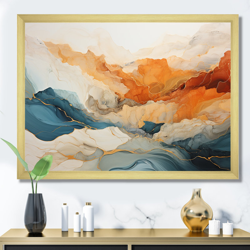 Abstrait orange et bleu rivière encre - art mural abstrait en marbre, Cadre photo unique, H 24 po x l 32 po x P 1 po, Doré