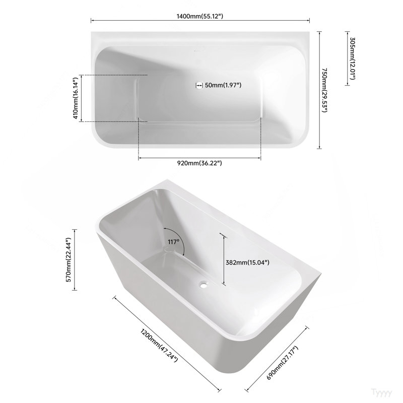 Baignoire autoportante blanche rectangulaire en acrylique 55 po