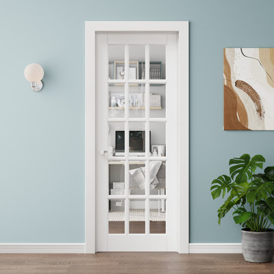 Porte pleine vitrée 30 x 80, panneau vitré transparent, 15 carreaux, apprêté, porte de garde-manger, porte de chambre, porte de chambre, porte de placard