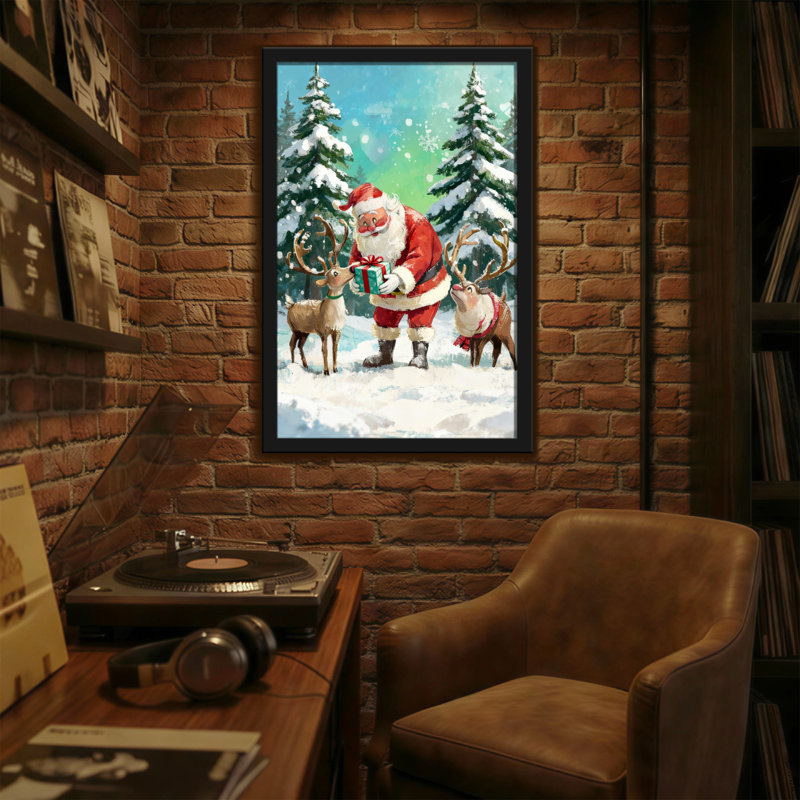 Noël père Noël avec renne dans la forêt enneigée, H 18 po x l 12 po