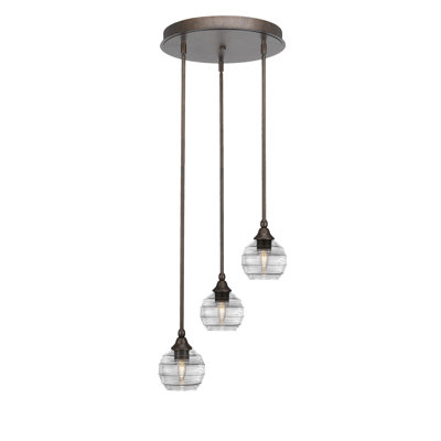 Luminaire suspendu grappe suspendu à 3 lumières Empire avec verre côtelé transparent 6 po Empire