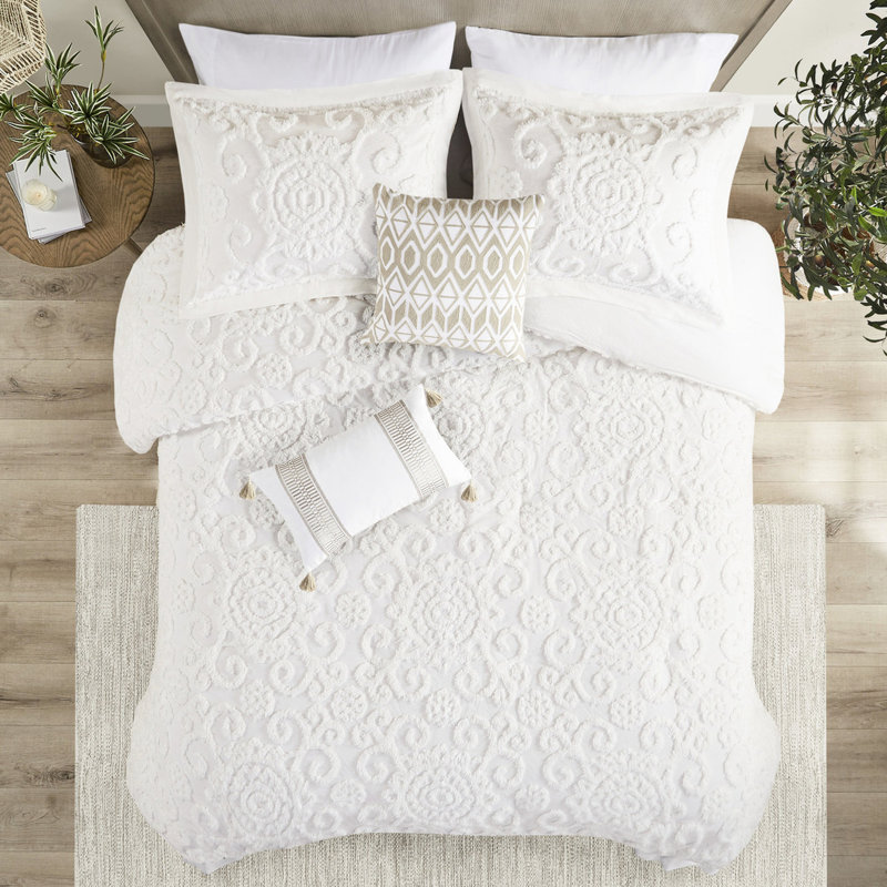 Housse de couette double / grand, 100% coton, motif de broderie en chenille double / grand, coton, Ivoire ivoire