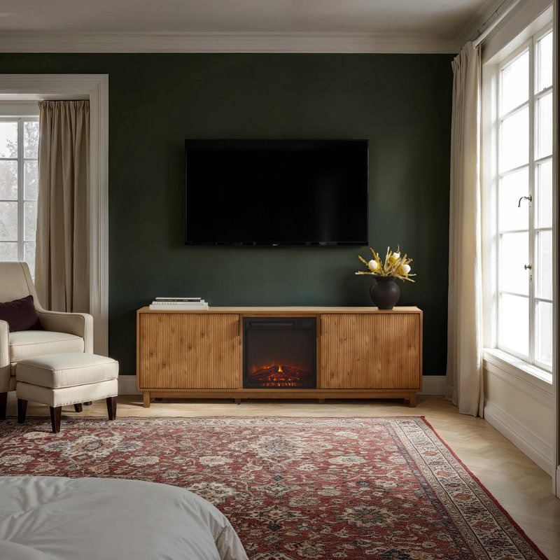 Aberforth Modern 70" TV Stand with Freestanding Electric Fireplace, English Oak