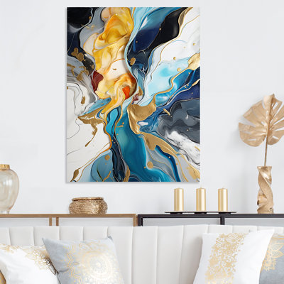 Blue And Yellow Liquid Ink Abstraction Harmony II - Liquid Ink Abstract Metal Wall Art