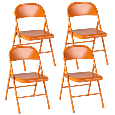 Set of 4 Heavy-Duty Steel Orange Folding Chair – Portable Metal Seat, Extra Guest Chair, Dining, Office, Patio, Event & Conference Seating Solution