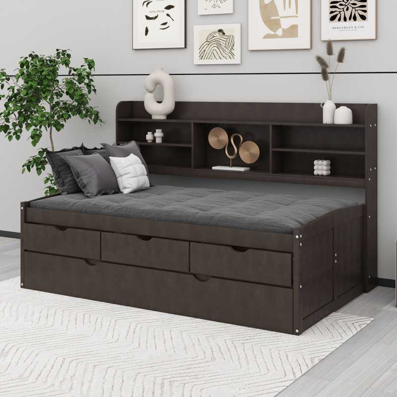 Base de lit en bois avec matelas et tablettes intégrées, trois tiroirs de rangement et un lit gigogne, Twin, Brun antique