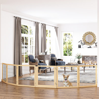 Barrière pour animaux 170 po en bois. Barrière pliable pour petits chiens de taille moyenne. 6 avec pieds de support. Bois naturel. Porte d'entrée solide et robuste, escalier solide