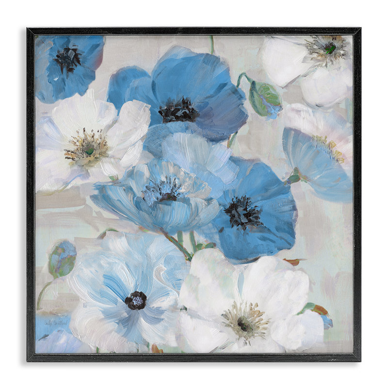 «Mixed Blue & White Blooms», art de la giclée encadrée par Sally Swatland, Giclée encadrée noir minuit, H 17 po x l 17 po