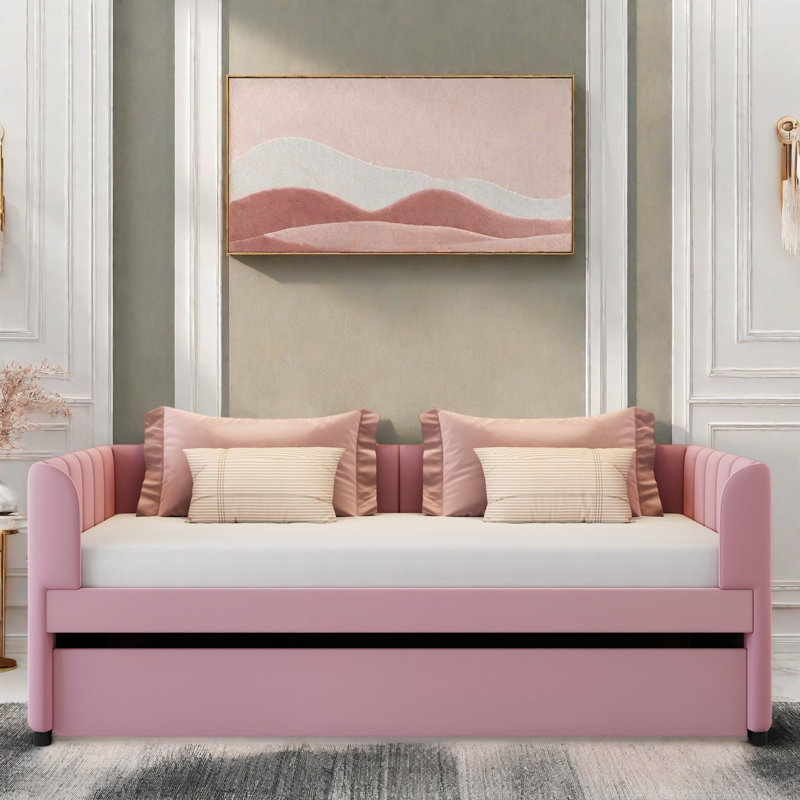 Lit de jour rembourré avec dossier ergonomique et lit gigogne, Rose
