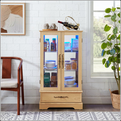Vitrine en verre avec lumières DEL et tablettes réglables - 2 portes, 1 tiroir, design rétro