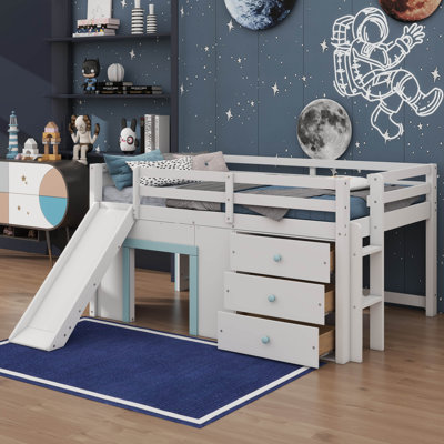 Full-Size Streamlined Loft Bed Complete With Slide, Storage Drawers, And Twin Doors