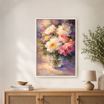 Vibrant Flowers in Glass Vase Canvas Wall Art with Floating Frame, Ready to Hang