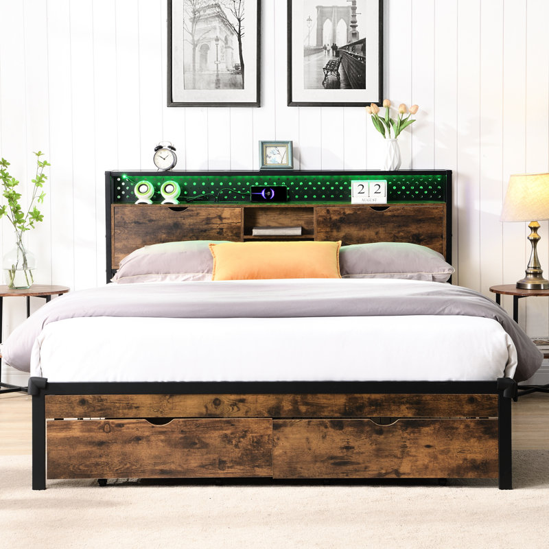 Wooden Headboard Metal Platform Bed, 2 Drawers, Led Lights, Charging, Uncomplicated Up, 600 Lbs Weight Threshold Full Size Bed With Headboard, Drawer Storage, No Box Spring, Easy Assembly Method, Max