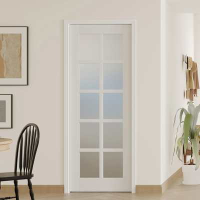 Porte intérieure en verre givré 10 Lite avec cadre réglable pré-suspendu - porte en panneau de fibres à densité moyenne blanc