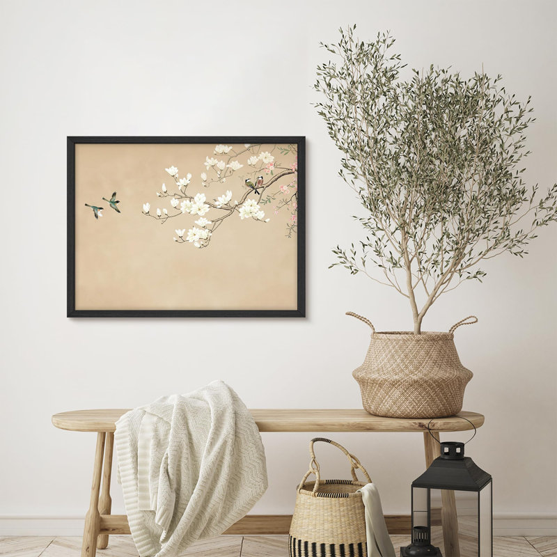 «Magnolia Blossoms and Birds in a Soft Pastel Palette», affiche rustique encadrée, H 11 po x l 14 po, Noir, noir, noir, noir