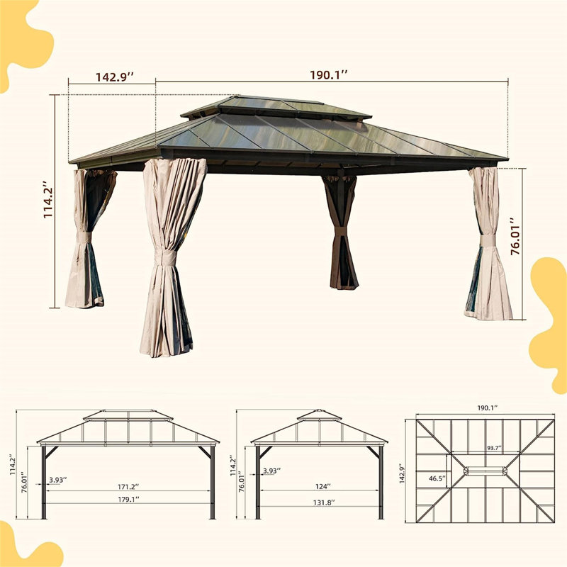 Pavillon de jardin permanent avec double toit en polycarbonate, Brun