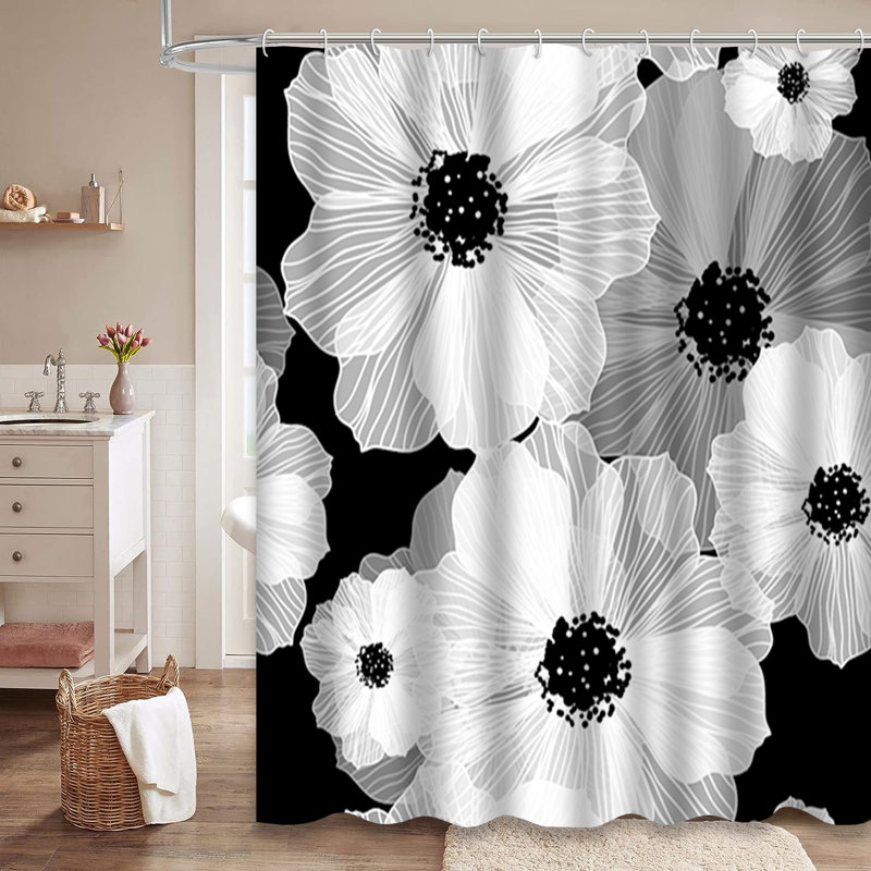 Rideau de douche noir et blanc à motif floral abstrait avec 12 crochets, L 72 po x l 84 po