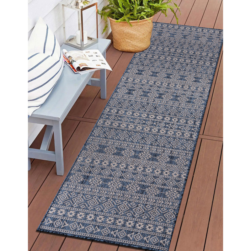 Tapis intérieur / extérieur bleu / crème Jerrlyn Southwestern, Tapis de couloir de 2 pi x 7 pi