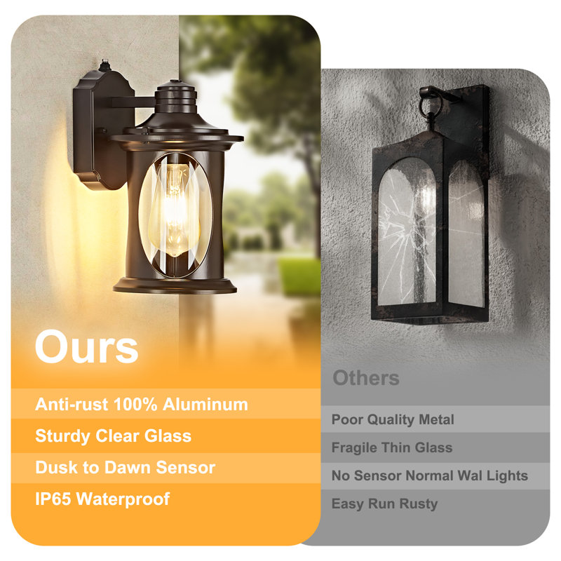 Modern Brown Dusk to Dawn Outdoor Wall Lamp with E26 Base and Tempered Glass, Rust and Waterproof(Set of 2), 2 Lights, Brown