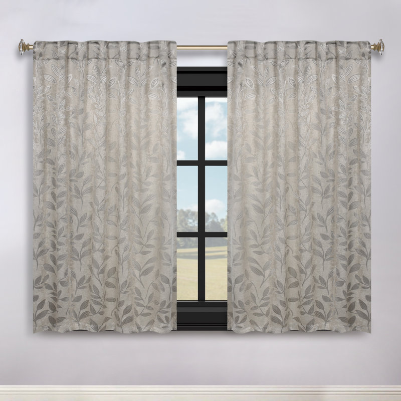  Leaves Pattern Machine Washable 100% Polyester Black Out Curtains with Back Tabs, Ivory, 52" W x 96" L