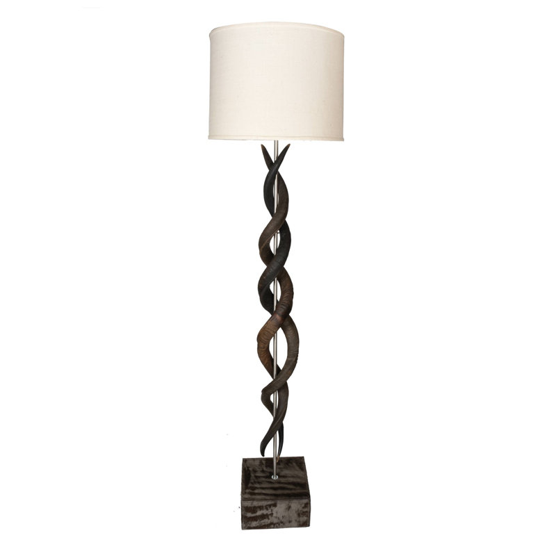 80" Natural Horn Floor Lamp - Wildebeest Hide Base - White Burlap Shade