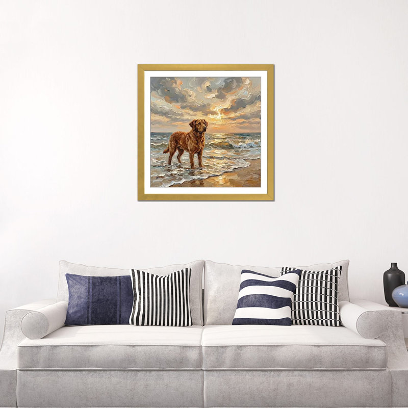 «Beach Day - Chesapeake Bay Retriever», reproduction d'art sur papier encadré, 24" x 24", Framed Paper, Gold