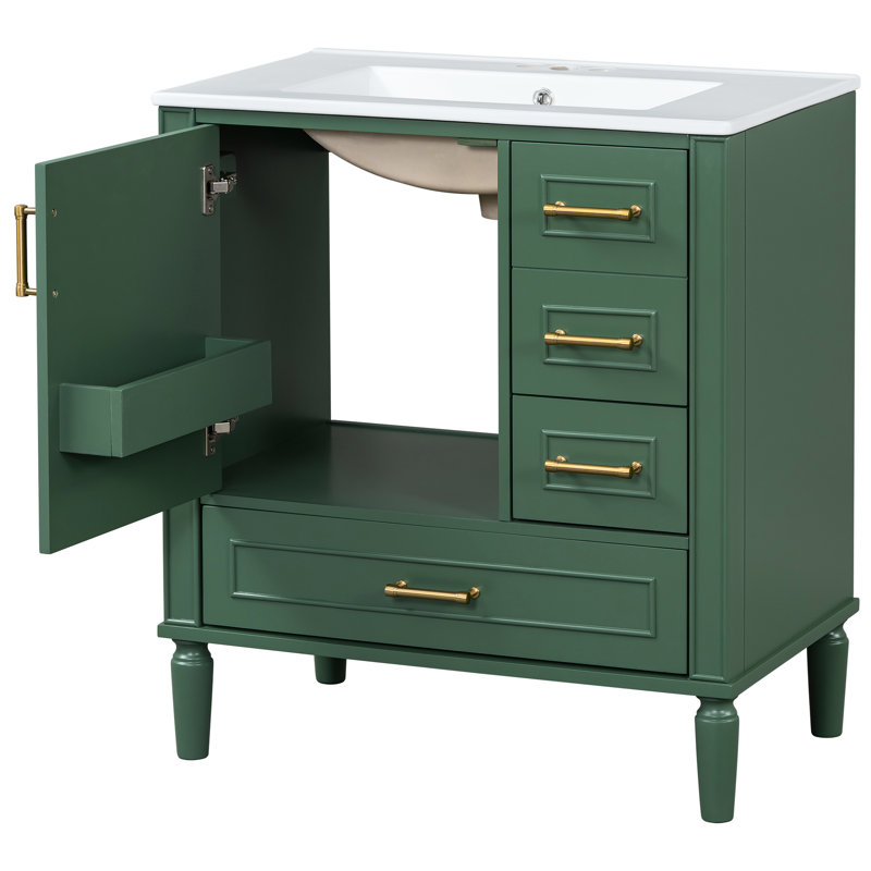 Meuble-lavabo de salle de bain 30 po, trois tiroirs avec mécanisme de fermeture en douceur, lavabo en céramique, poignées dorées, convient aux petites salles de bain traditionnelles 30 po, tiroirs, fermeture, choix compact