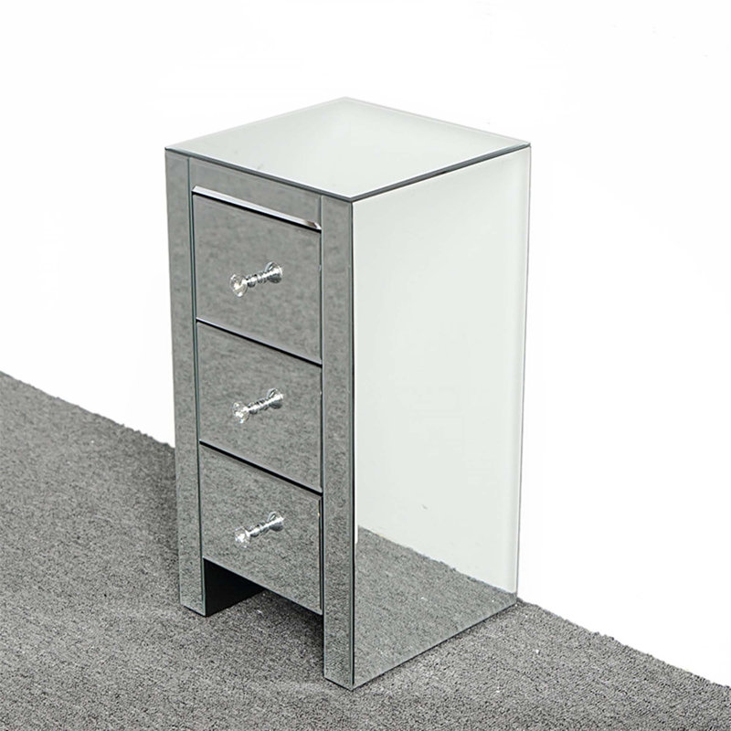 Mirrored Glass Bedside Table With Three Drawers