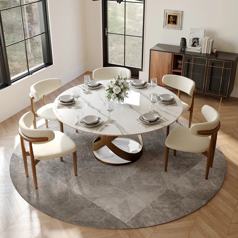 Ensemble de salle à manger moderne 5/7 pièces, ensemble de table de salle à manger rond pré-assemblé, ensemble de table de salle à manger en pierre frittée avec chaises rembourrées